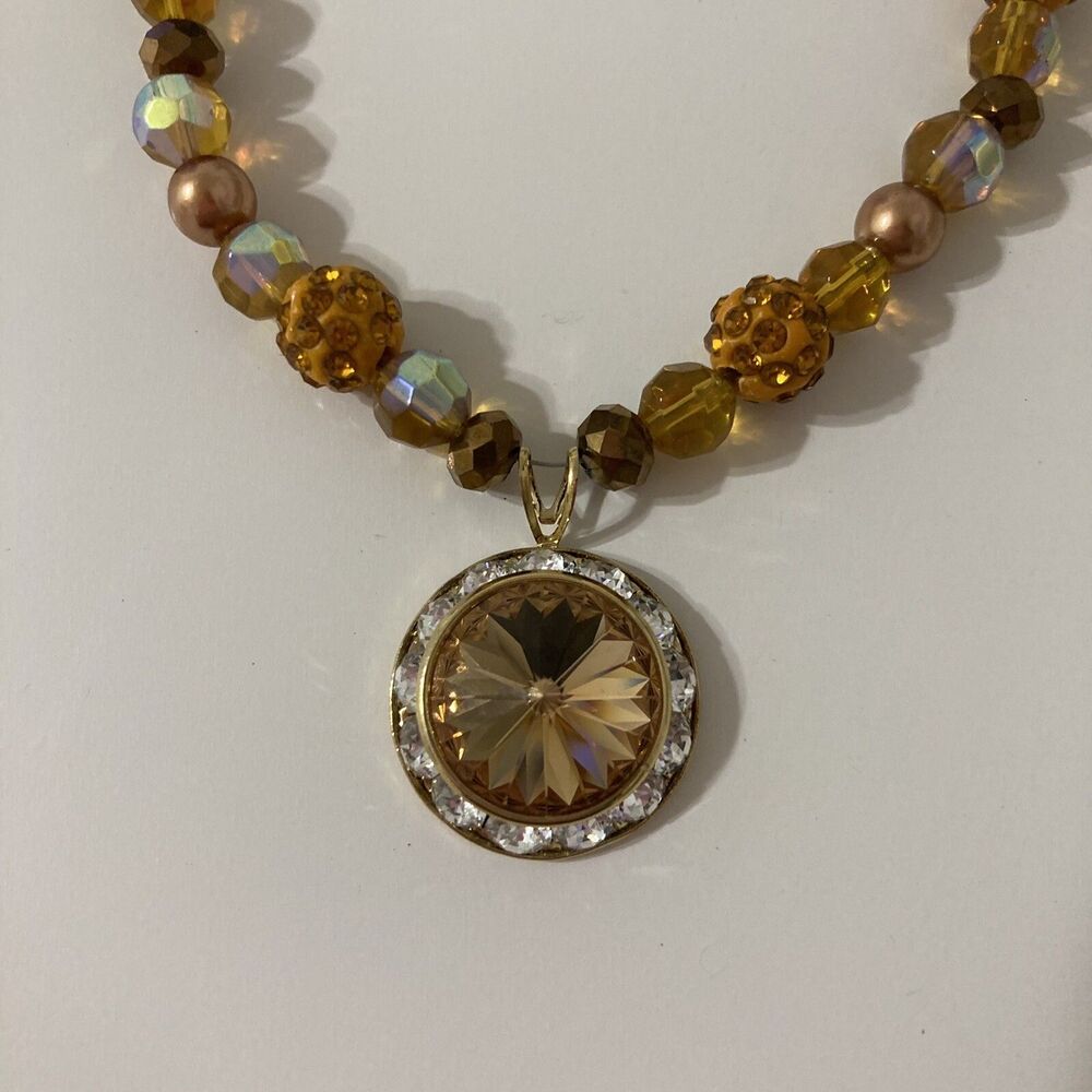 Orange Sparkly Rhinestone Beaded Round Circular Pendant Necklace Gold Tone Boho